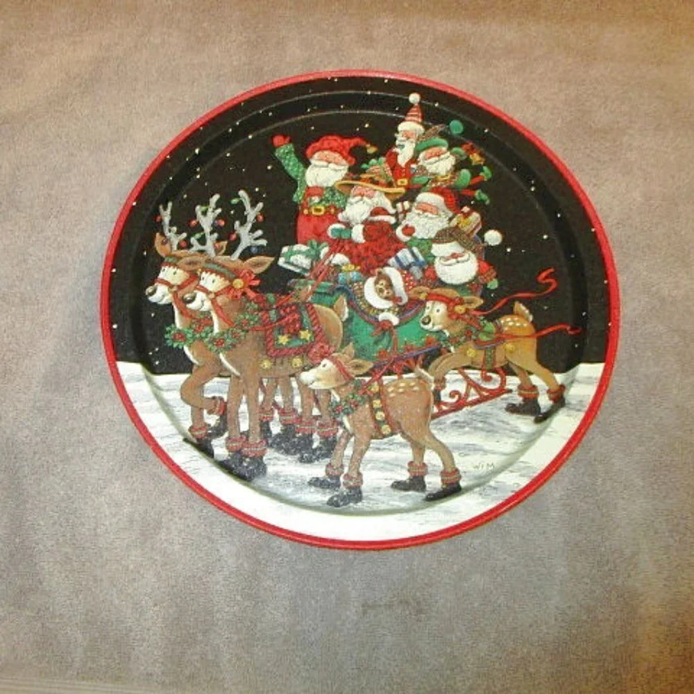 Vtg Schimmer Heavy Metal Santa Serving Tray Christmas Holiday Reindeer Beverage